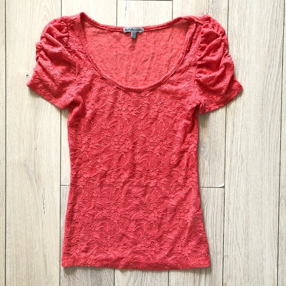 Charlotte Russe Ruched Sleeve Lace Top in Bright Orange Size S